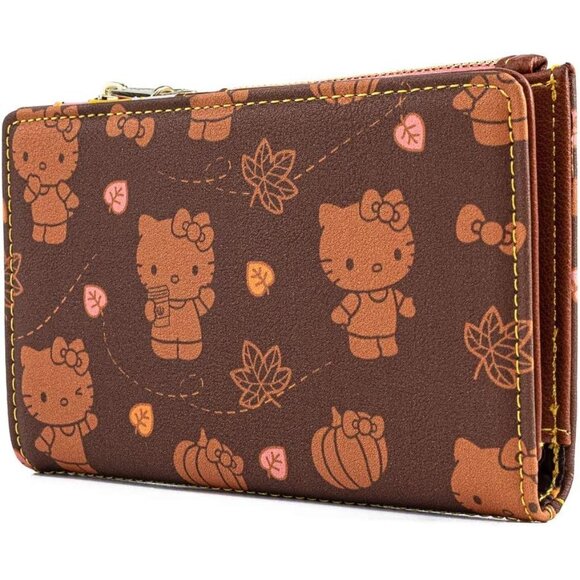 Hello Kitty Pumpkin Spice Print Flap Wallet Faux Leather Card Cash Slots - Picture 2 of 4